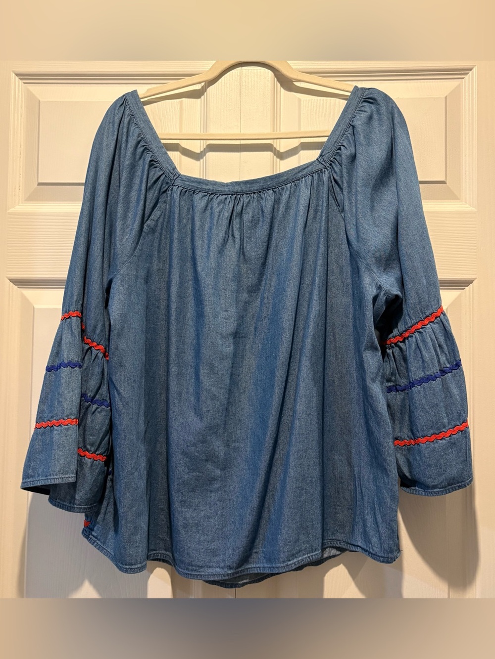 Hester & Orchard Chambray Off-Shoulder Peasant Top Boho Sleeve Detail Sz XL - Picture 2 of 10